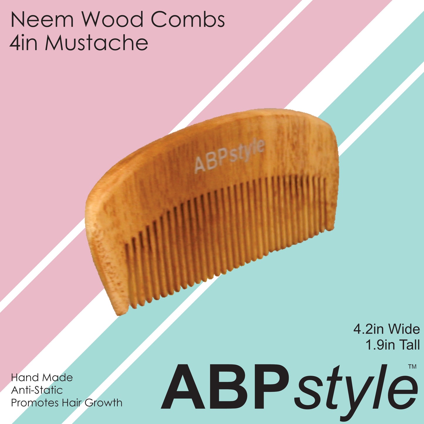 ABPStyle, 4in Neem Wood Mustache Comb. Anti-Static, Damage Free, Promotes Hair Growth, Environmentally Friendly - 12 Retail Packs