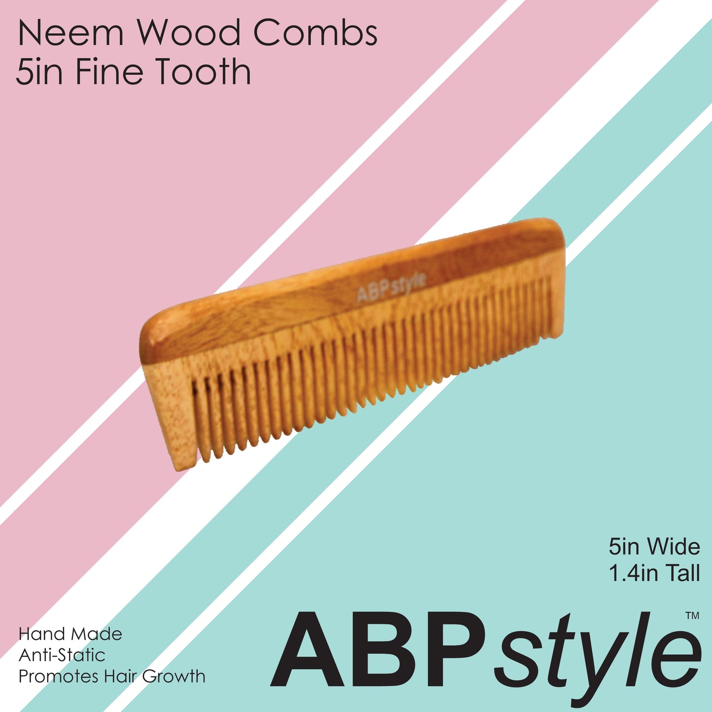 ABPStyle, 5in Neem Wood Fine Tooth Comb. Anti-Static, Damage Free, Promotes Hair Growth, Environmentally Friendly - 12 Retail Packs