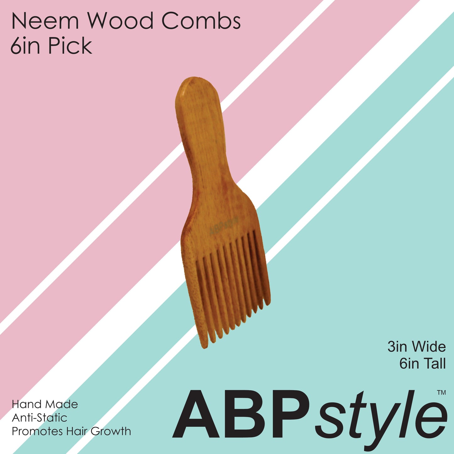 ABPStyle, 6in Neem Wood Pick Comb. Anti-Static, Damage Free, Promotes Hair Growth, Environmentally Friendly - 12 Retail Packs