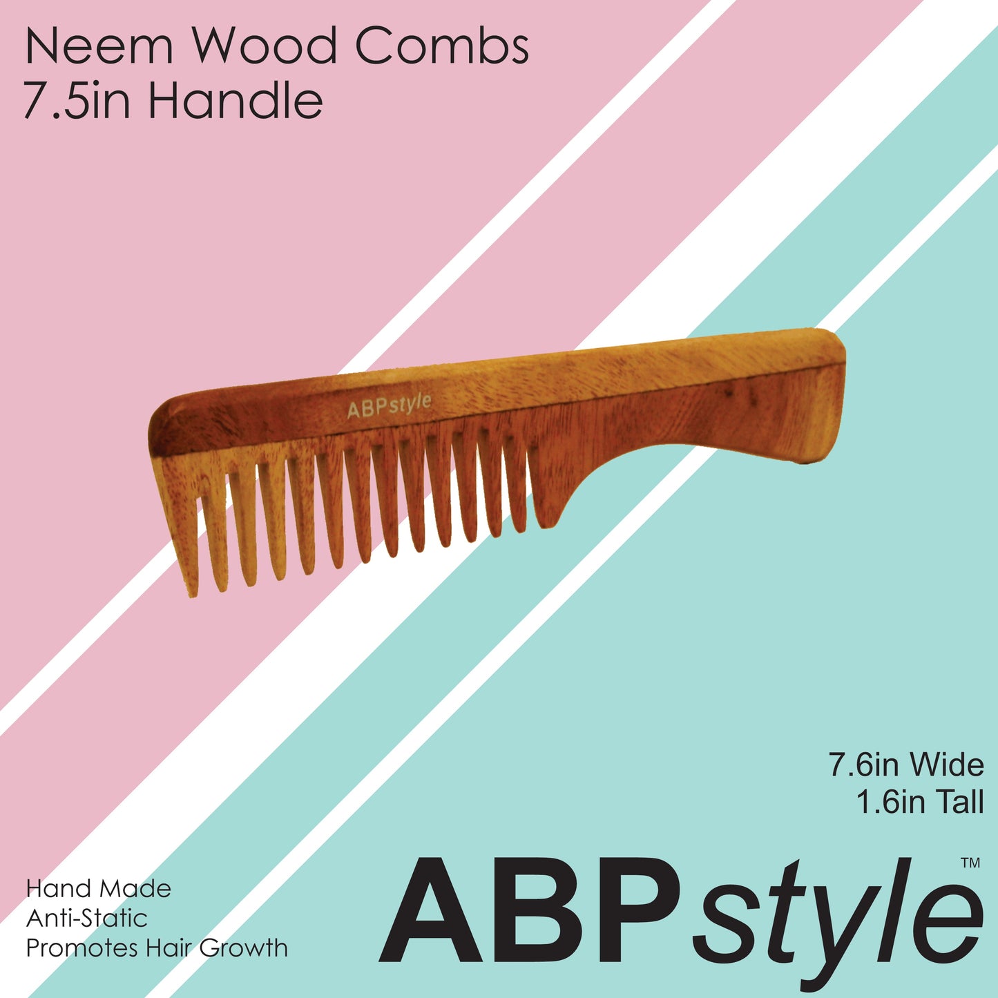 ABPStyle, 7in Neem Wood Handle Comb. Anti-Static, Damage Free, Promotes Hair Growth, Environmentally Friendly - 12 Retail Packs