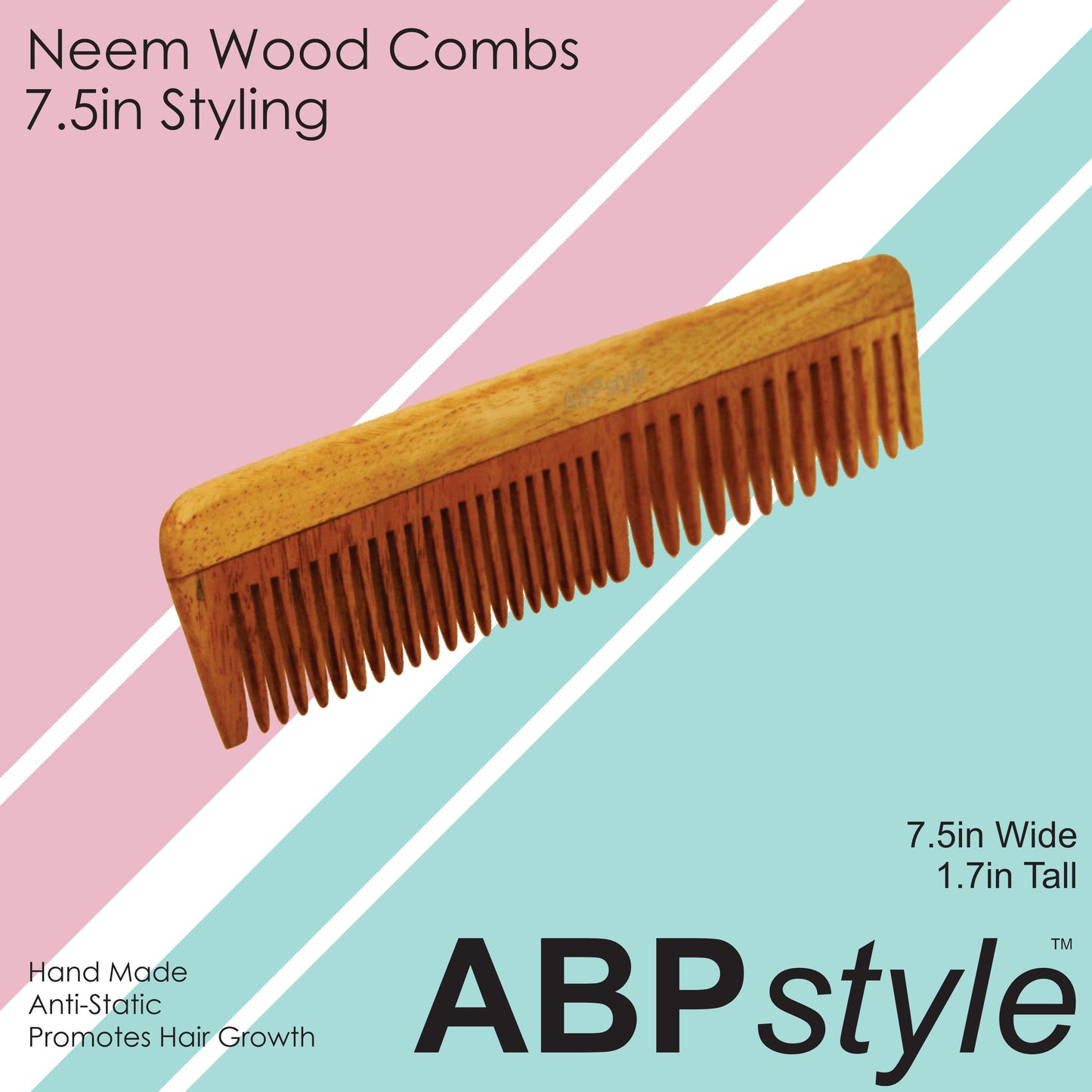 ABPStyle, 7.5in Neem Wood Styling Comb. Anti-Static, Damage Free, Promotes Hair Growth, Environmentally Friendly - 12 Retail Packs