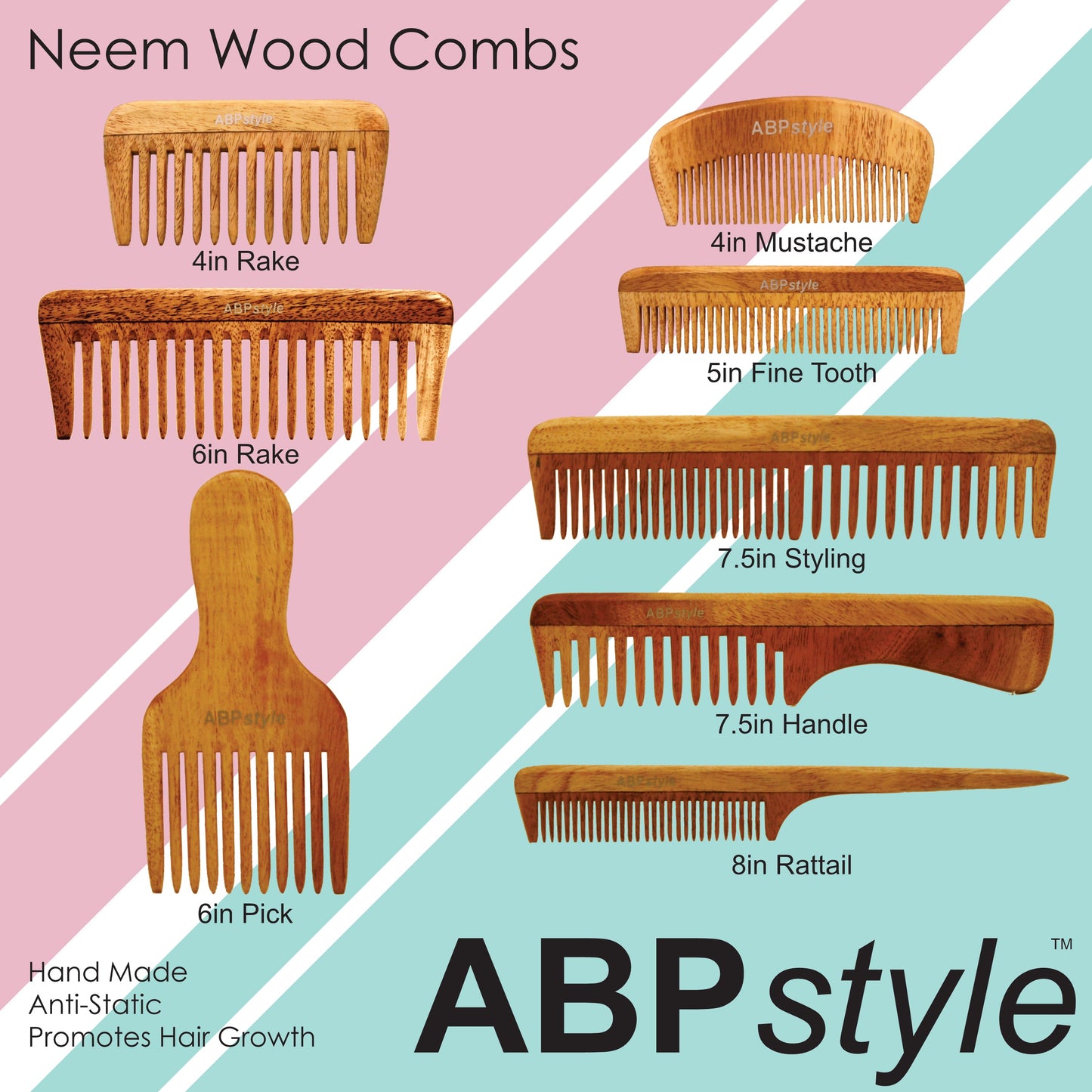 ABPStyle, 4in Neem Wood Tall Rake Comb. Anti-Static, Damage Free, Promotes Hair Growth, Environmentally Friendly - 12 Retail Packs