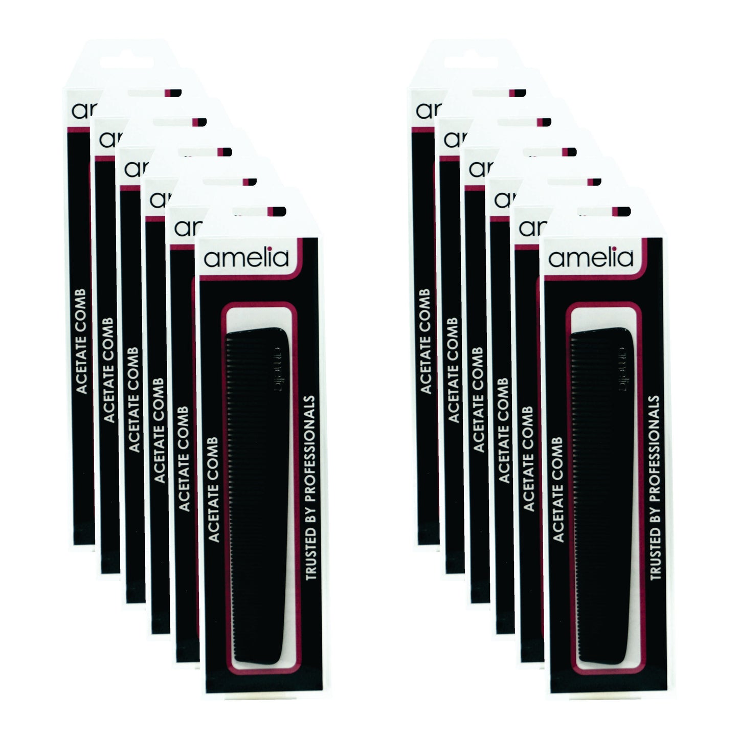 7in Cellulose Acetate Styling Comb - Black Color (12 Packages for Retail Sale)